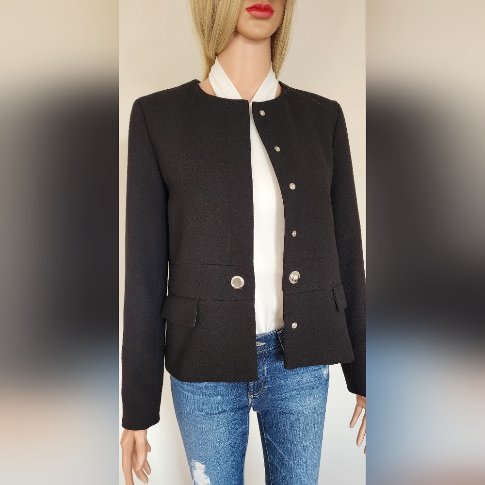 ZARA BLACK SILVER SNAP ON CREW NECK COLLARLESS BLAZER JACKET SMALL